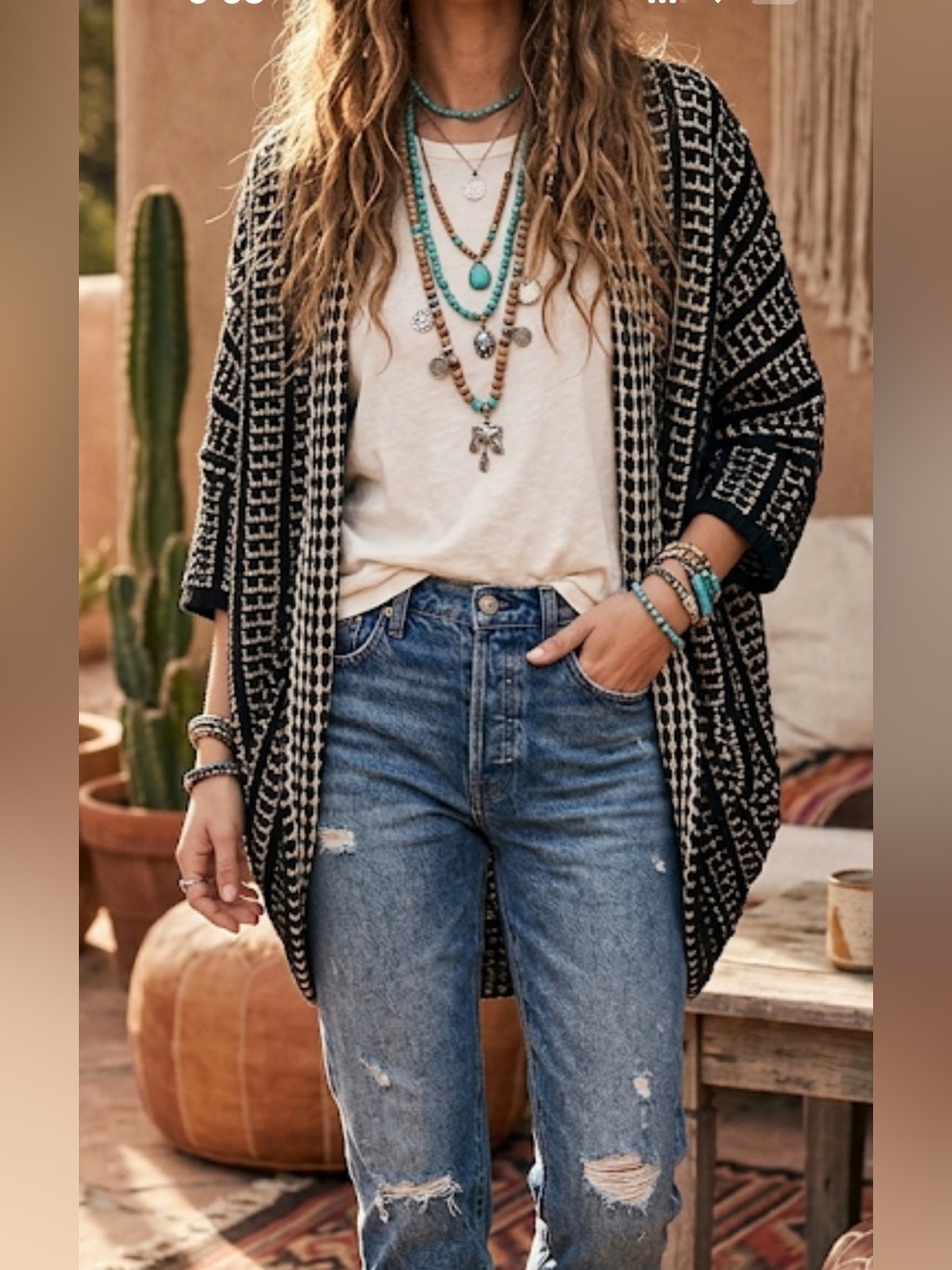 Anthropology Moth Black and Cream Geometric Poncho Sweater